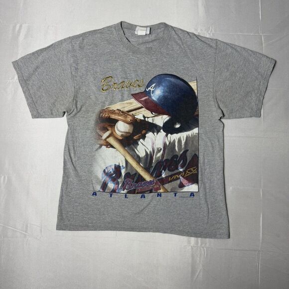 Vintage 1990s Atlanta Braves MLB VTG Gray T-shirt Graphic Medium Tee Baseball - Picture 1 of 10